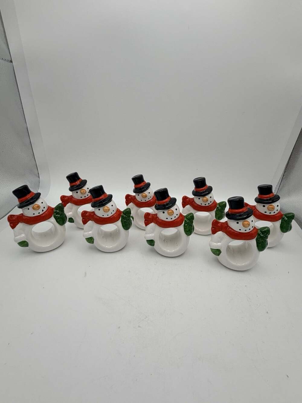 Vintage 80s Ceramic Christmas Snowman Napkin Rings Set of 8 Red Scarfs Black Hat